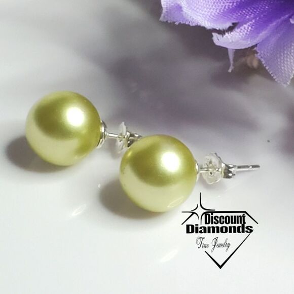 Light Green 10mm South Sea Shell Pearl Stud Earrings on 925 Sterling … - Picture 2 of 7